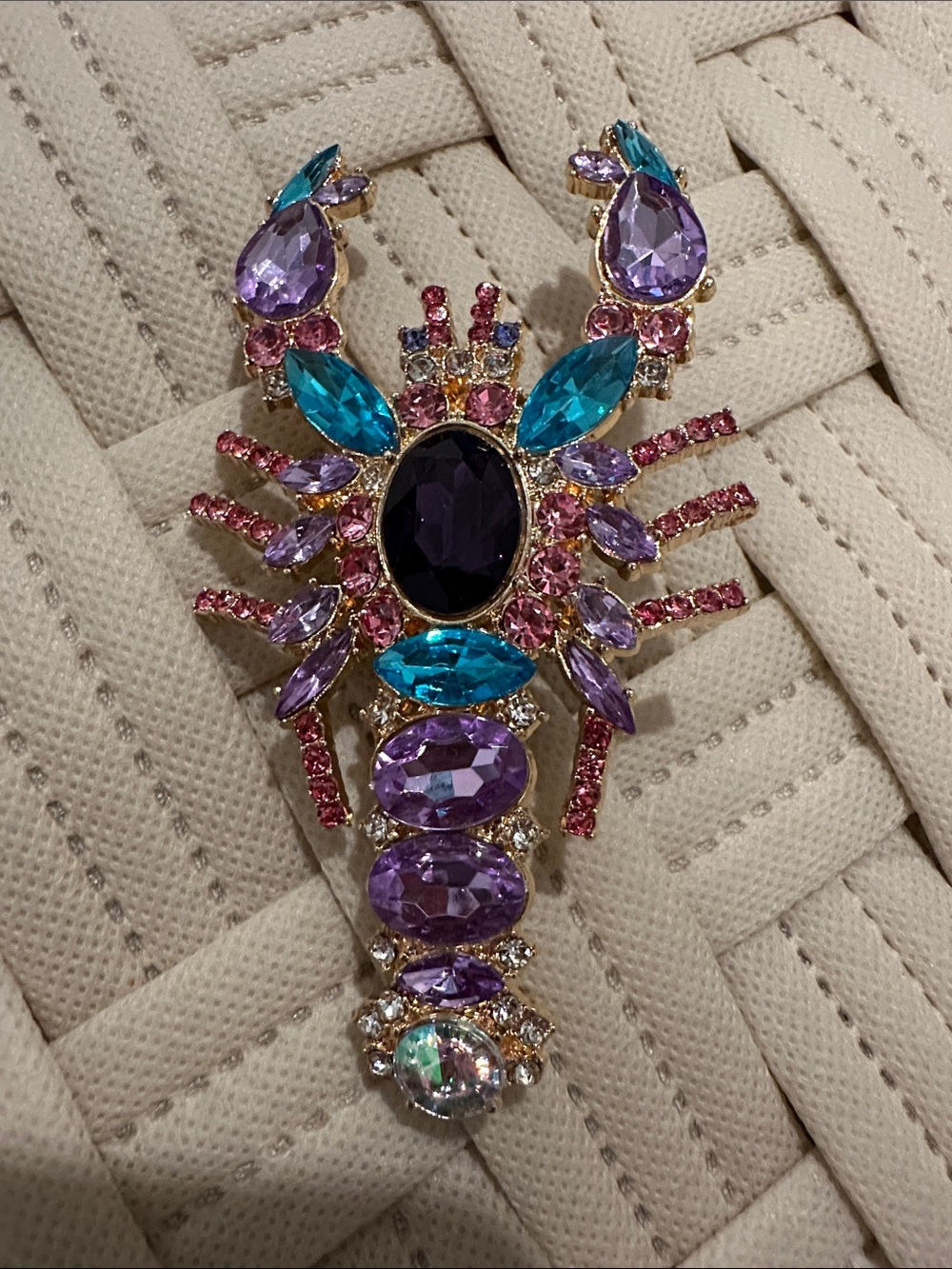 Gold-Tone Multicolor Lobster Brooch - Purple & Teal Crystal Accents